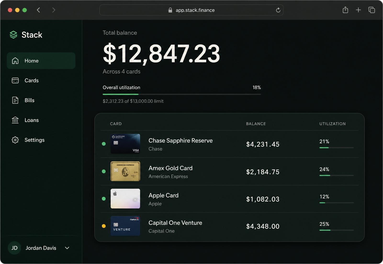 FinStudio dashboard showing a total balance, utilization meter, and a list of credit cards